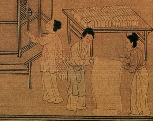 シャンクを着てエプロンをつけた女性（中央）。宋代の絵画