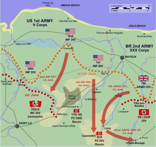 本文中に説明されているコーモン峡谷と英米軍の前進の図。