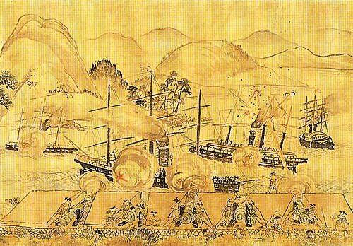 1863年、下関で外国船に向けて発砲する日本軍の大砲