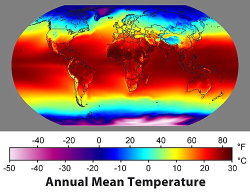 世界の平均気温を示す地図。