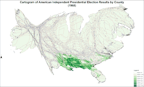 アメリカ独立系大統領選挙の郡別結果を示す地図
