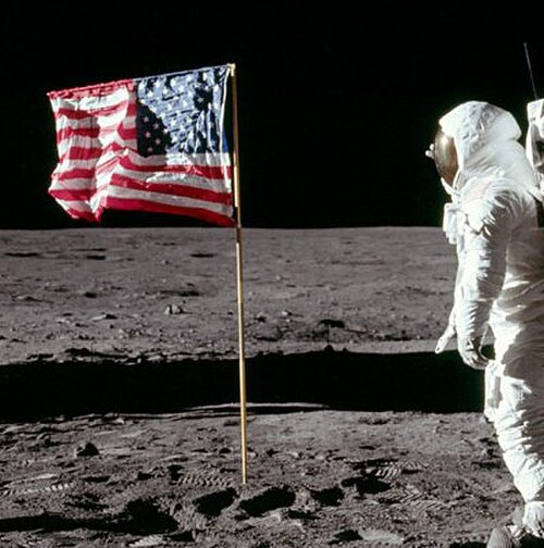 バズ・オルドリンが国旗に敬礼している写真の一部を切り取ったもの。オルドリンの右手の指が、ヘルメットのバイザーの横から見えている。