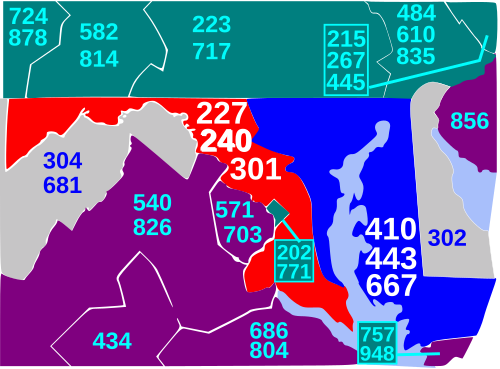 市外局番 227、240、301。これらの番号はメリーランド州の主な郵便番号に関連しています。