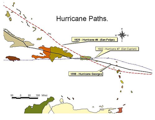 プエルトリコと大アンティル諸島を横切る3つのハリケーンの進路の地図