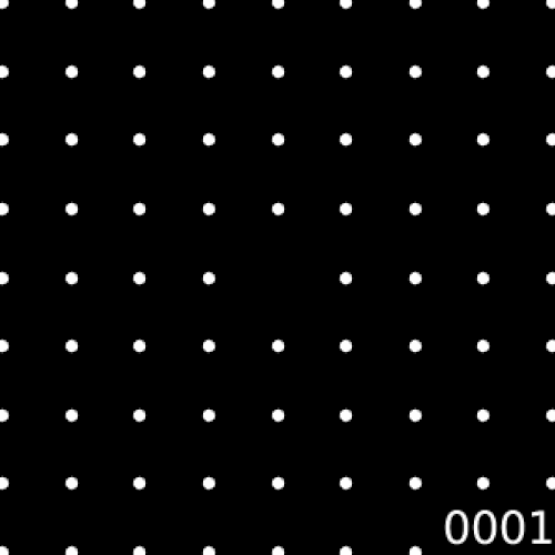 異なる粒子からの回折パターンがどのように蓄積されてリングパターンが形成されるかを示すパターン。