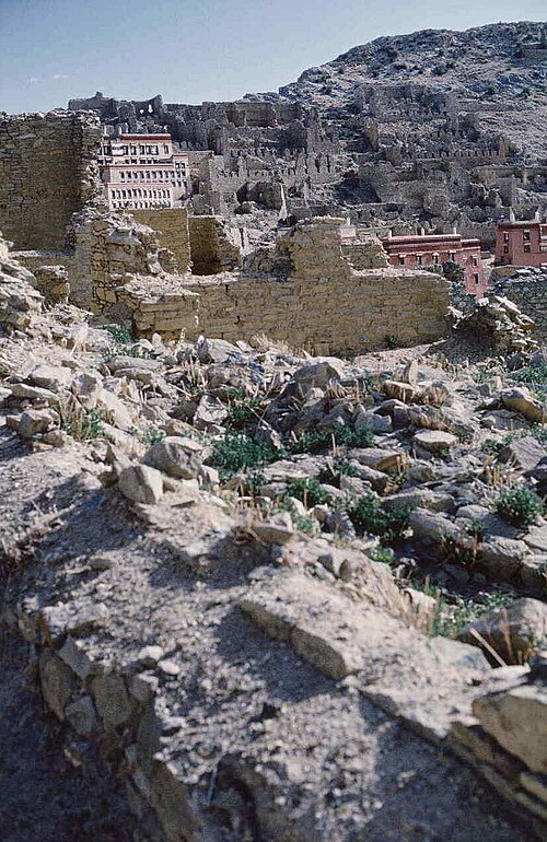 1985年に撮影されたガンデン寺の遺跡の一部（一部に新しい建物あり）の写真。この遺跡は、チベット人が3月10日にラサで起こした抗議行動と、チベット仏教の第14世ダライ・ラマの亡命を受けて、1959年に人民解放軍によって破壊された。