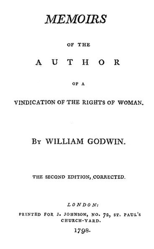 表紙には「『女性の権利の擁護』の著者ウィリアム・ゴドウィンの回想録。第二版、訂正版。ロンドン:J・ジョンソン印刷、セント・ポール教会墓地72番地。1798年」と記されている。
