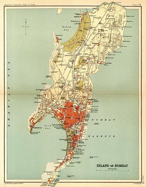 管区の所在地であるボンベイ（ここに1908年の地図が示されている）は1684年に設立された。