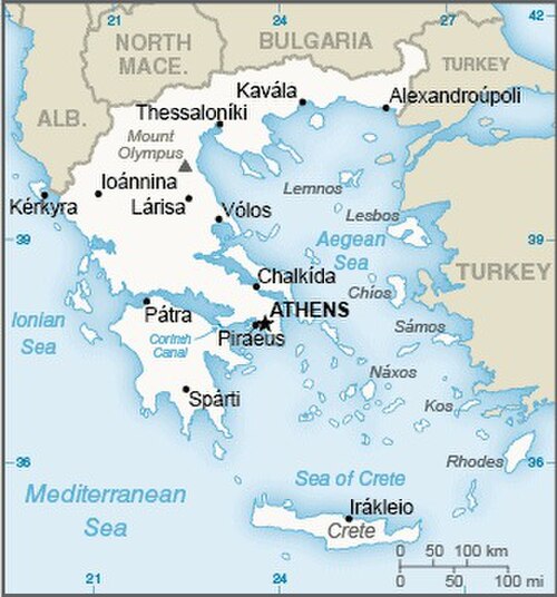 ギリシャの主要都市、周辺国の一部、水域を示す地図
