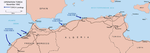 トーチ作戦中の上陸地点を示す地図。