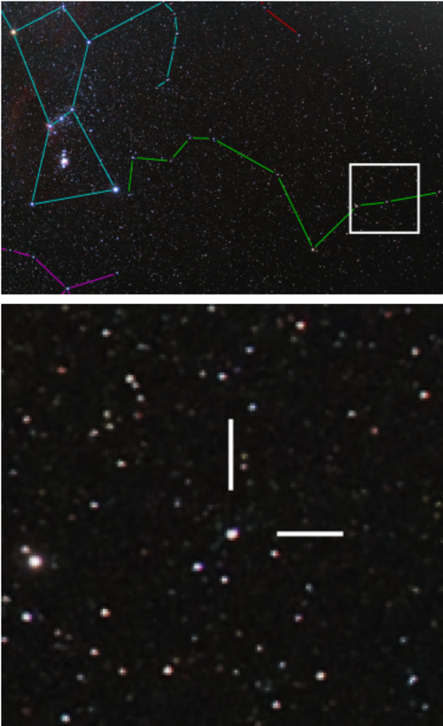 上の写真は、星座を示す色付きの線で囲まれた、多数の点状の星が集まった領域を示している。下の写真は、いくつかの星と2本の白い線を示している。