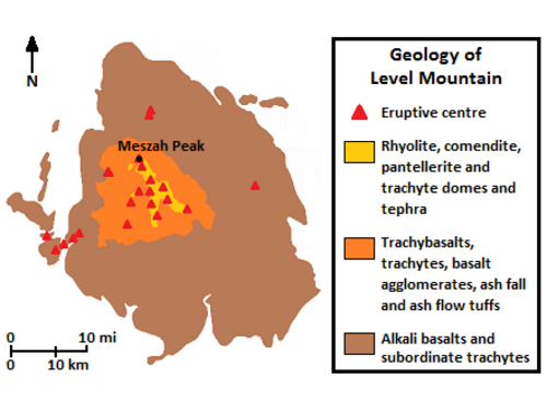 大きな楕円形の火山を形成する岩石の分布を説明する図