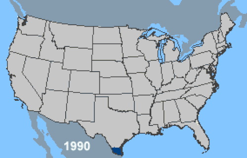 1990年から2003年までの米国におけるアフリカ化ミツバチの拡散状況を示す地図