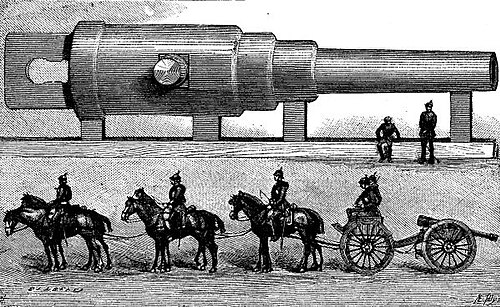 À l'arrière-plan du dessin、un énorme canon couché occupe toute lalargeur、alors que l'avant-plan est occupé par des soldats à chevaux qui タイヤ un canon monté sur un chariot です。