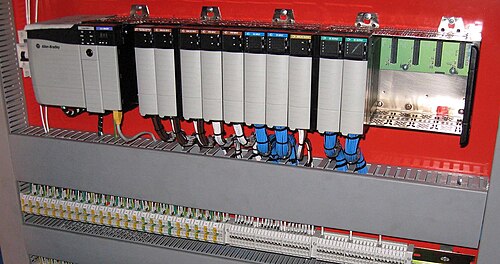 EtherNet/IPモジュール、デジタルおよびアナログI/Oを備えたモジュール式PLC。一部のスロットは空いています。
