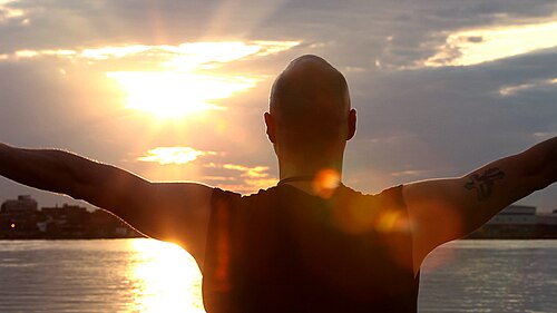 カメラに背を向けた男性が夕暮れの太陽をまっすぐに見つめている。