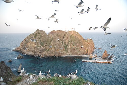 丸い岩だらけの島。港は空っぽだ。カモメが画面の一部を遮っている。