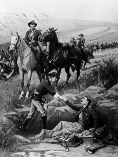 1868年9月25日、コロラド州ビーチャー島で、騎兵隊将校が負傷した別の将校に挨拶している様子を描いたスケッチ。第10騎兵連隊の騎兵が馬を支えている。