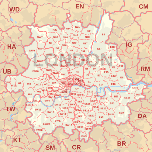 ロンドンの郵便番号区域地図。郵便番号地区、郵便局所在地、および近隣の郵便番号区域を示しています。