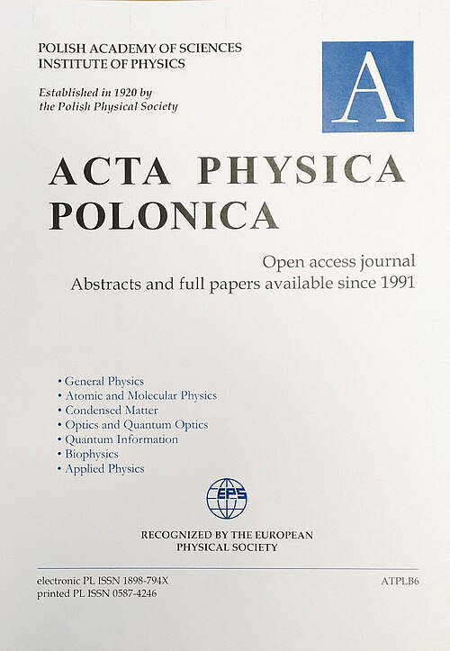 「ACTA PHYSICA POLONICA」というタイトルが書かれた白い雑誌の表紙。