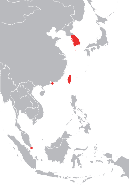 アジアの四大虎を示す地図。(上から下へ:韓国、台湾、香港、シンガポール)