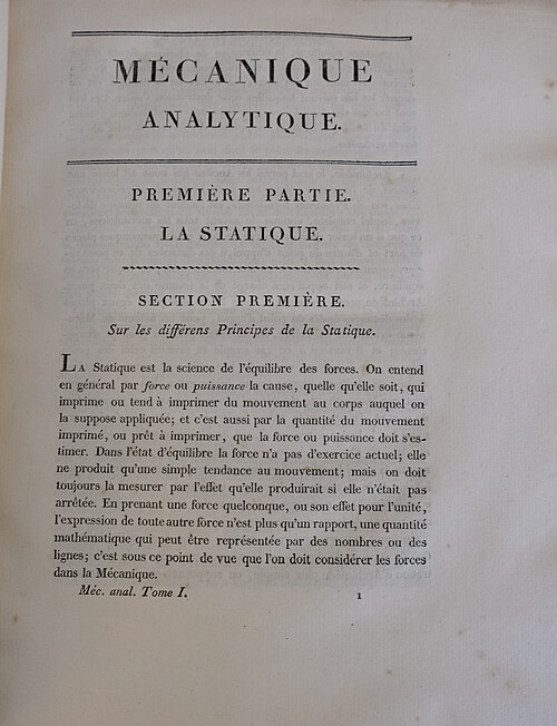 『Mécanique Analytique』第 1 巻の最初のページ (1811 年)
