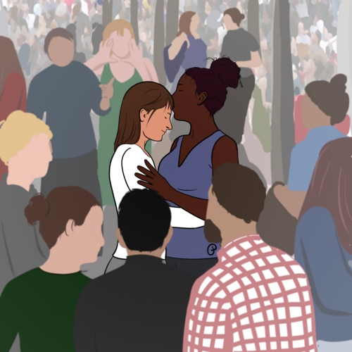 群衆の中で抱き合う二人の女性を描いたイラスト。片方がもう片方にキスをしている。背景には、一人が指をさし、別の一人がカップルに向かって叫んでいる。前景では、人々がじっと見つめている。