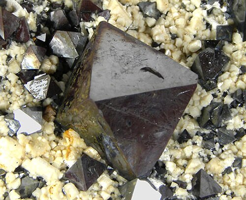 直径最大1.8cmの八面体状の磁鉄鉱結晶が、クリーム色の長石結晶上に産出。産地：ボリビア、ポトシ県、セロ・ワニャキノ