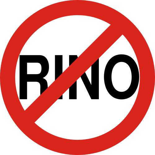 円の中に「RINO」という文字があり、赤い斜線は否定を表す。