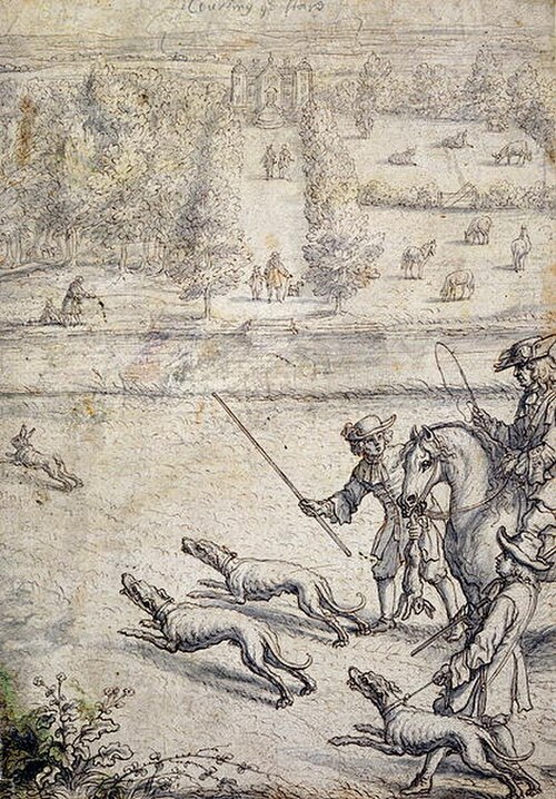 フランシス・バーロウ作『野ウサギ狩り』（1686年）。