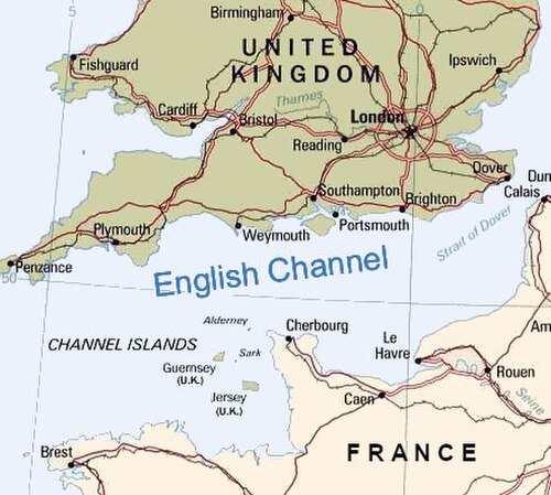 イギリス海峡、イングランド南部、フランス北部の地図