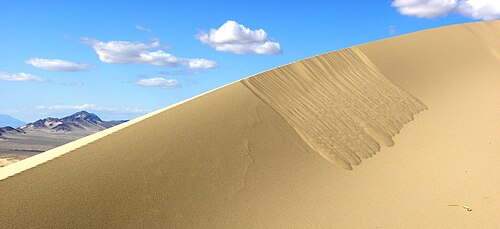 カリフォルニア州モハーベ砂漠のケルソにある砂丘の滑り面における砂粒流（砂なだれ）