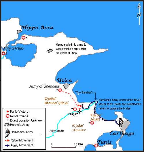 バグラダス川の戦いにおける両軍の主な動きを示す地図