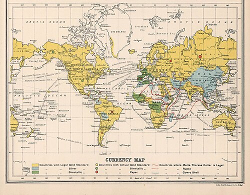 世界の通貨制度の地図。1907年。金本位制を採用している国は黄色、銀本位制を採用している国は青色、銀銀複本位制を採用している国は緑色で強調表示されています。