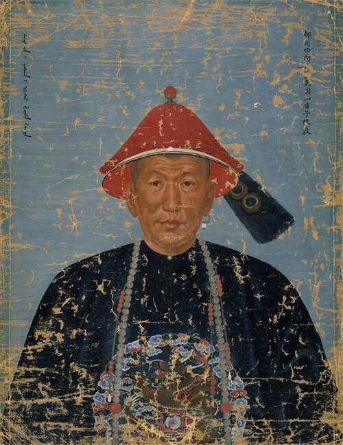 清朝の衣装を着たドルベット・オイラート・ゲンドゥン（根敦）。ジャン・ドニ・アティレの絵画。