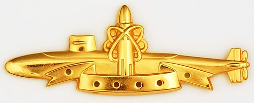 金色のSSBN抑止哨戒哨戒記章。原子力潜水艦の上に弾道ミサイルが重ねて描かれており、原子核を思わせる線で囲まれていることから、ミサイルには核弾頭が搭載されていることが示されている。