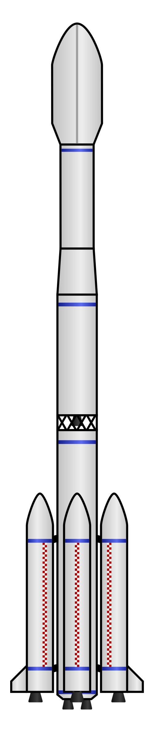 長征3B型ロケットの図。外側に搭載された液体燃料ロケットブースターが示されている。