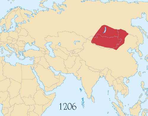 1206年から1294年までのモンゴル帝国の拡大と現代の国境との比較