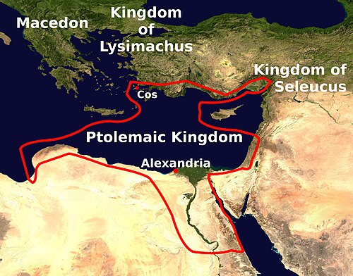 東地中海の地図。プトレマイオス朝、エジプト北部のアレクサンドリア、アジア沿岸沖のエーゲ海にあるコス島が示されている。