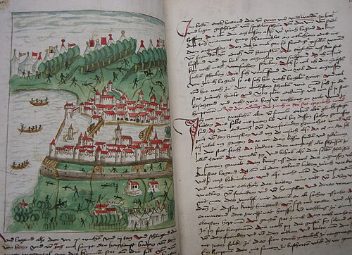 1444 年の古チューリッヒ戦争中のチューリッヒ包囲戦を描いた 1485 年の図 (北が右)