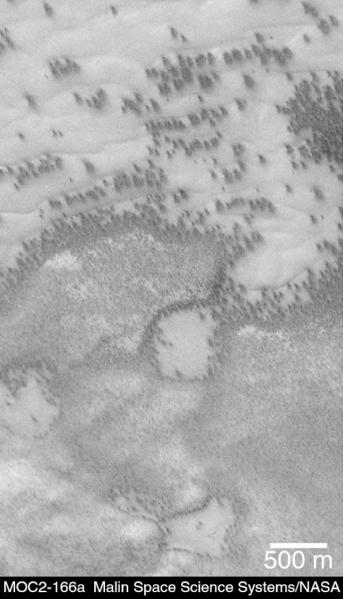 1999年8月10日に火星グローバルサーベイヤーが撮影した、火星の暗い砂丘地帯。