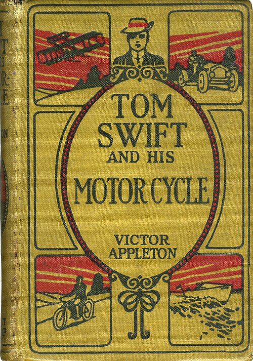 本の表紙にはタイトルと著者「Victor Appleton」が記されています。タイトルの上には、カールしたつばの帽子をかぶった少年の絵が描かれています。タイトルの周りには、飛行機、車、ボート、オートバイの絵があります。