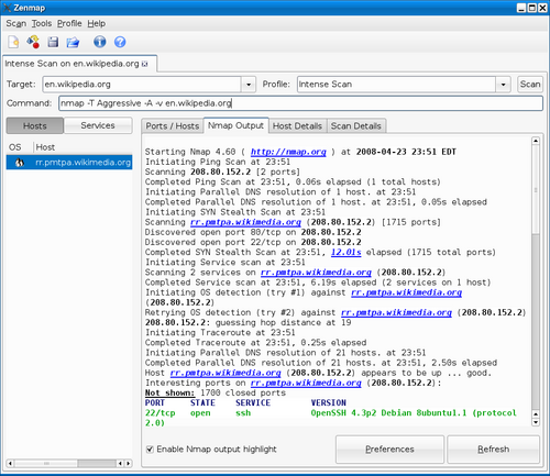 ZenmapがWikipediaに対して行ったポートスキャンの結果を表示