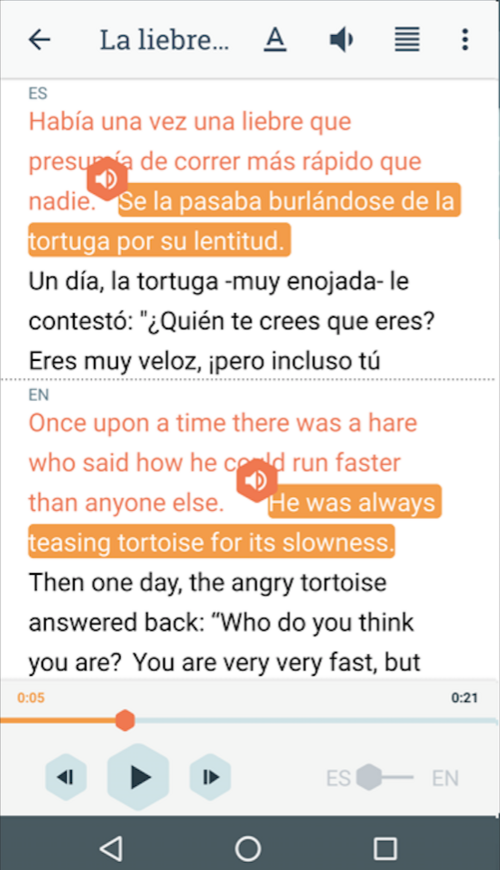 英語とスペイン語の両方のテキストを表示する beelinguapp のスクリーンショット