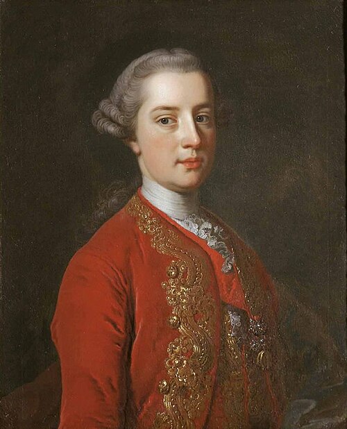 金色の赤い宮廷服をまとった、白髪交じりの少年。