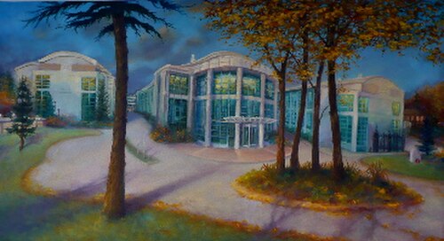 2009年にその研究所に滞在したアーティスト、リー・キャンベルによる研究所の絵画。