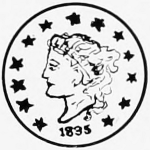 なびく髪と「Liberty」と記されたヘッドバンドをつけた女性の横顔が描かれ、その周囲に13個の星と1835年の造幣局の刻印が刻まれたコイン。