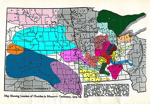 これは、1929 年のオーガスタナ福音ルーテル教会ミネソタ大会の地区の地図です。