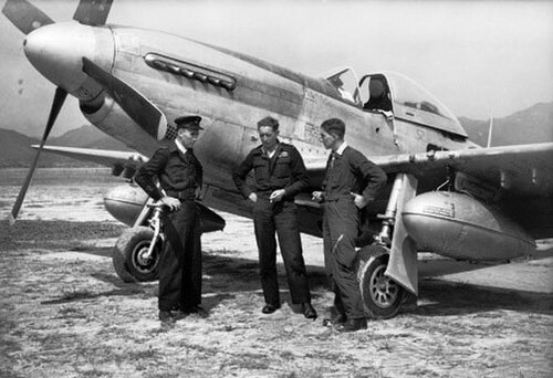 P-51 マスタング単発戦闘機の前に立つ黒い軍服を着た3人の男性