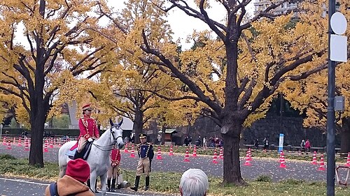皇居の周囲を巡回する騎馬警官。
